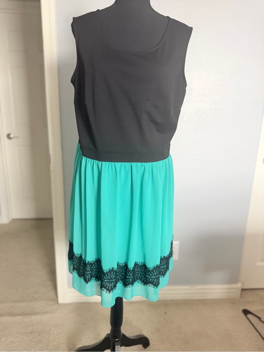 Black and Teal Lace Trim Dress